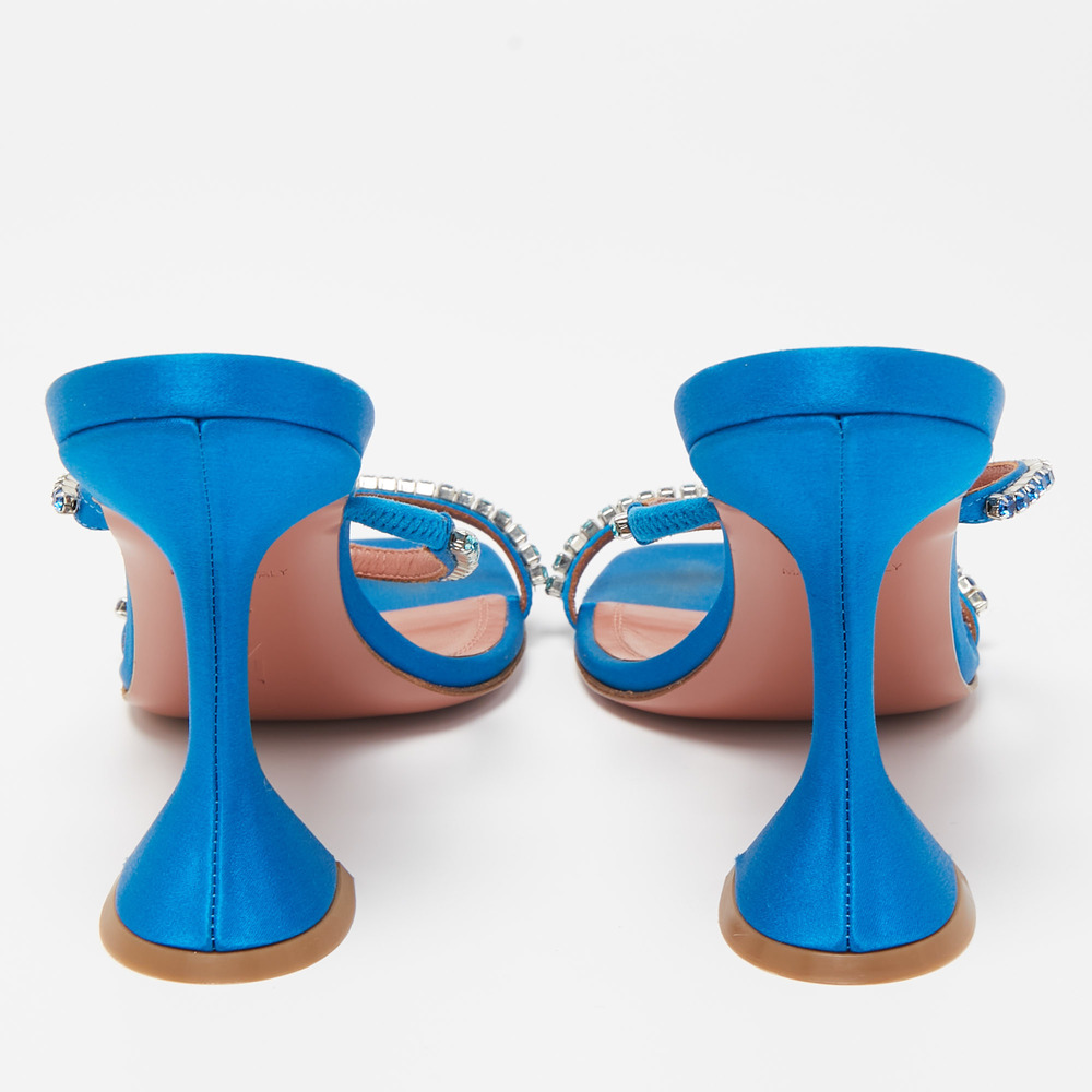 Amina Muaddi Blue Satin Crystal Gilda  Sandals Size 37.5 - Picture 4 of 8